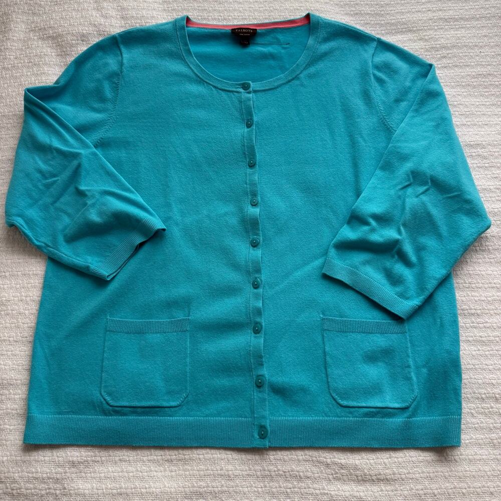 XL Talbots Turquoise Blue 3/4 Sleeve Charming Cardigan